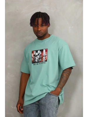 Unisex Oversize Baskılı Bisiklet Yaka Thirt  int Yeşili