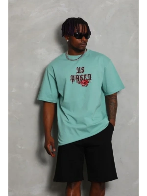 Unisex Oversize Baskılı Bisiklet Yaka Thirt  int Yeşili