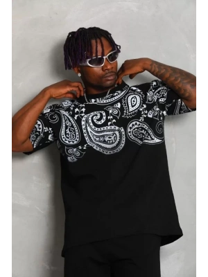 Unisex Oversize Baskılı Bisiklet Yaka Thirt  iyah