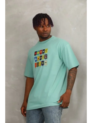 Unisex Oversize Baskılı Bisiklet Yaka TShirt  Mint Yeşili