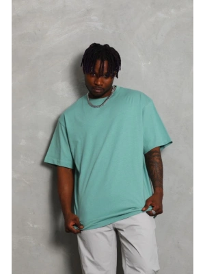 Unisex Oversize Düz Bisiklet Yaka Thirt  int Yeşili