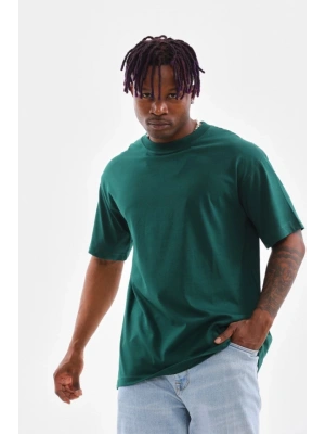 Unisex Oversize Düz Bisiklet Yaka Thirt  Koyu Yeşili