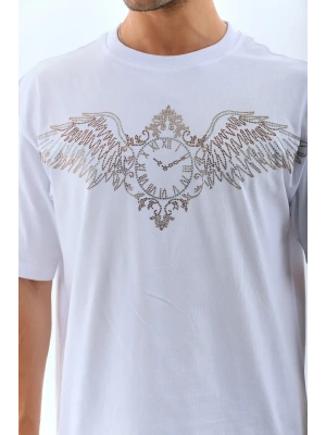 Unisex Oversize Taşlı Bisiklet Yaka Thirt  Beyaz