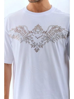 Unisex Oversize Taşlı Bisiklet Yaka Thirt  Beyaz