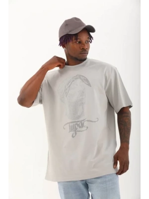 Unisex Oversize Taşlı Bisiklet Yaka Thirt  Gri