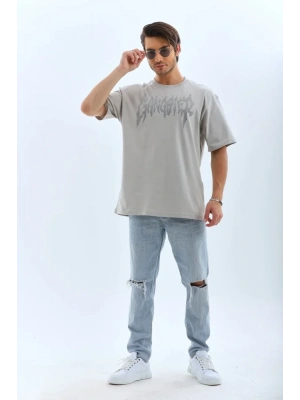 Unisex Oversize Taşlı Bisiklet Yaka Thirt  Gri