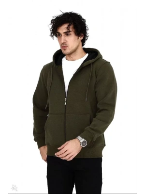 Unisex Tam Fermuarlı Kapşonlu  weathirt  Haki