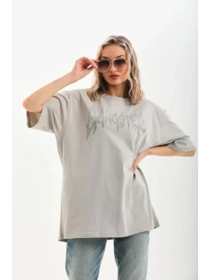 Unisex Taş Desenli Oversize Thirt  Gri