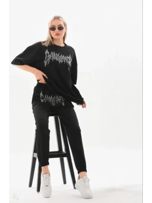 Unisex Taşlı Thirt Ve Eşofman Takımı  iyah