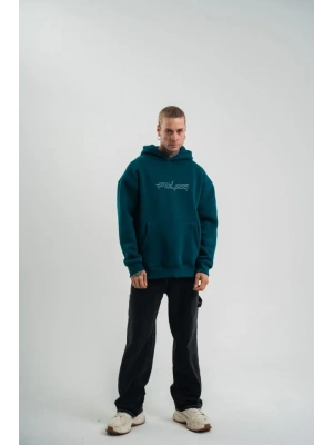 Unisex Üç İplik Kapşonlu Nakışlı weathirt  Koyu Deniz Yeşili