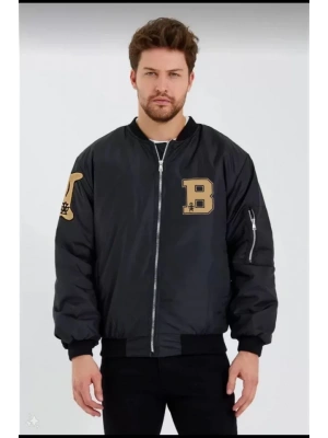 Unisex Uzun Kol Baskılı Bomber Ceket  iyah