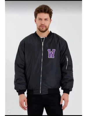 Unisex Uzun Kol Baskılı Bomber Ceket  iyah