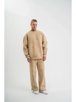 Unisex Uzun Kol Bisiklet Yaka Yıkamalı Eşofman Takım  Bej