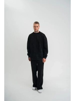 Unisex Uzun Kol Bisiklet Yaka Yıkamalı Eşofman Takım  iyah