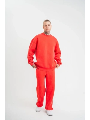 Unisex Uzun Kol Bisiklet Yaka Yıkamalı Eşofman Takım  Kırmızı