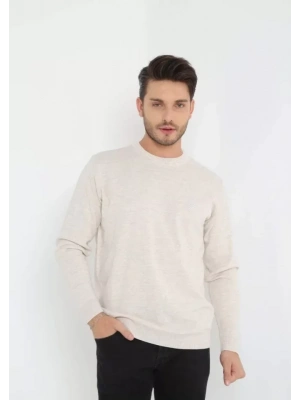 Unisex Uzun Kol Biskilet Yaka Dokuma Triko  Bej