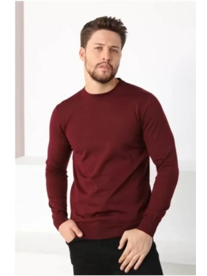 Unisex Uzun Kol Biskilet Yaka Dokuma Triko  Bordo