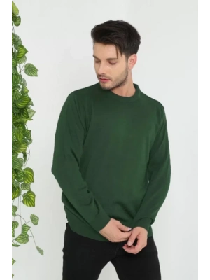 Unisex Uzun Kol Biskilet Yaka Dokuma Triko  Haki