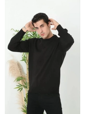 Unisex Uzun Kol Biskilet Yaka Dokuma Triko  Siyah