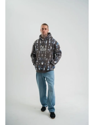 Unisex Uzun Kol Kapşonlu Pano Baskılı weathirt  Füme