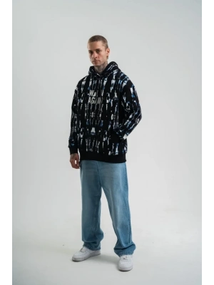 Unisex Uzun Kol Kapşonlu Pano Baskılı weathirt  iyah