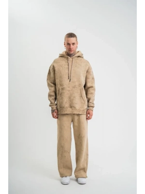 Unisex Uzun Kol Kapşonlu Yıkamalı Eşofman Takım  Bej