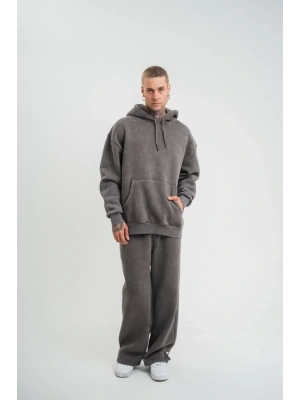 Unisex Uzun Kol Kapşonlu Yıkamalı Eşofman Takım  Füme