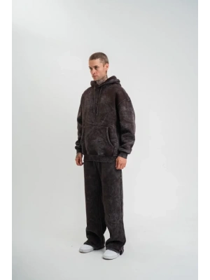 Unisex Uzun Kol Kapşonlu Yıkamalı Eşofman Takım  Kahve