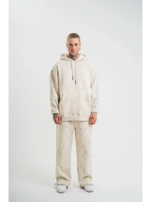 Unisex Uzun Kol Kapşonlu Yıkamalı Eşofman Takım  Krem