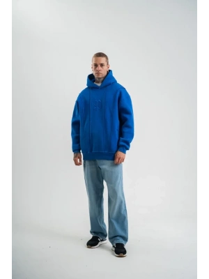 Unisex Uzun Kol Kapşonlu Yıkamalı Nakışlı weathirt  avi