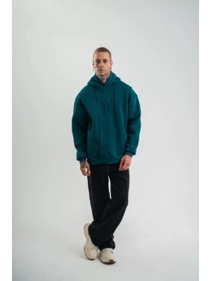 Unisex Uzun Kol Kapşonlu Yıkamalı Nakışlı weathirt  Koyu Deniz Yeşili