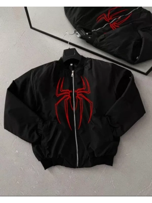 Unisex Uzun Kol Örümcek Baskılı Bomber Ceket  iyah
