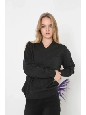 Unisex Uzun Kol V Yaka Triko Kazak  Füme