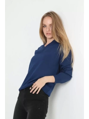 Unisex Uzun Kol V Yaka Triko Kazak  Indigo