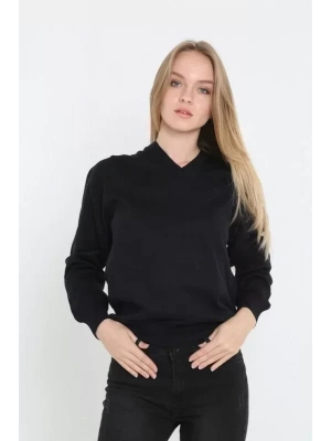 Unisex Uzun Kol V Yaka Triko Kazak  Siyah