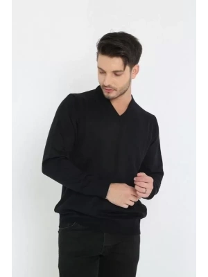 Unisex Uzun Kol V Yaka Triko Kazak  Siyah