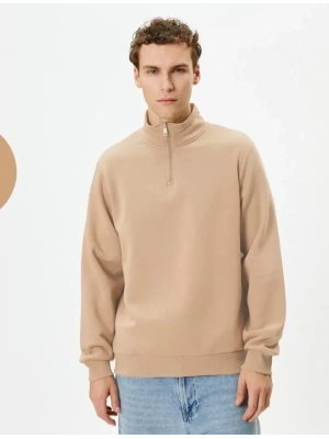 Unisex Uzun Kol Yarım Farmuarlı Yakalı Basic weathirt  Bej
