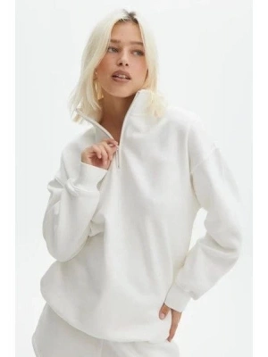 Unisex Uzun Kol Yarım Farmuarlı Yakalı Basic weathirt  Beyaz