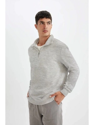 Unisex Uzun Kol Yarım Farmuarlı Yakalı Basic weathirt  Gri