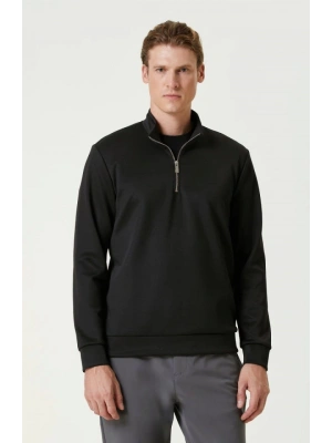 Unisex Uzun Kol Yarım Farmuarlı Yakalı Basic weathirt  iyah