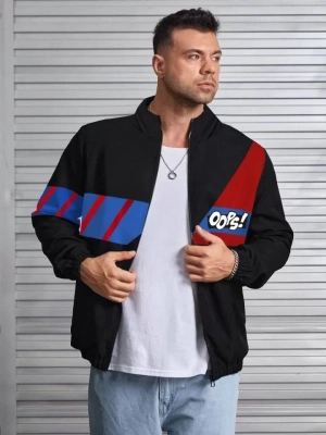 Unisex Uzun Koll Fermuarlı Baskılı Rüzgarlik  iyah