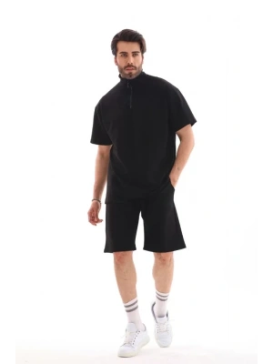 Unisex Yakalı Fermuarlı Oversize Thirt Şortlu Takım  iyah