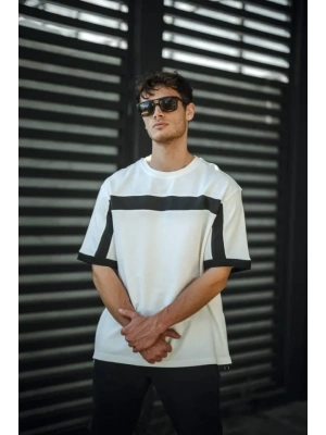 Unisex Yandan Fermuarlı Parçalı Thirt  Beyaz