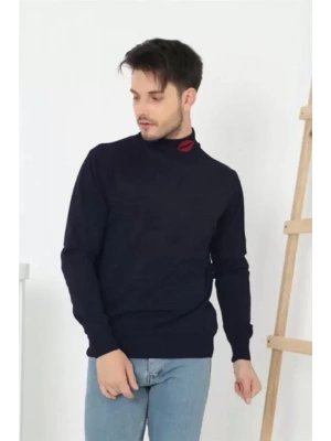 Unisex Yarım Boğazlı Baskılı Dokuma Triko  acivert