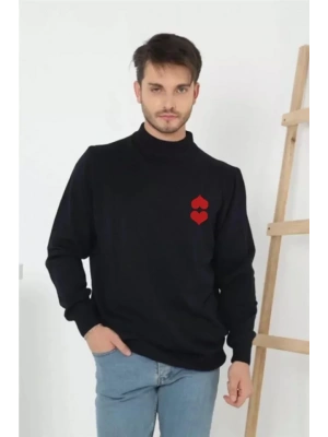 Unisex Yarım Boğazlı Baskılı Dokuma Triko  acivert