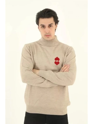 Unisex Yarım Boğazlı Baskılı Dokuma Triko  Bej