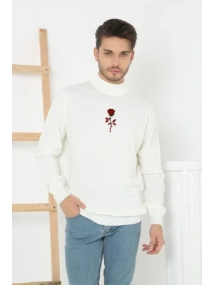 Unisex Yarım Boğazlı Baskılı Dokuma Triko  Beyaz