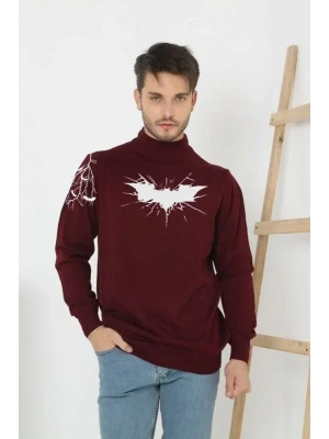 Unisex Yarım Boğazlı Baskılı Dokuma Triko  Bordo