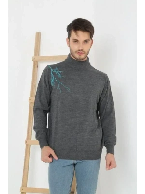 Unisex Yarım Boğazlı Baskılı Dokuma Triko  Füme