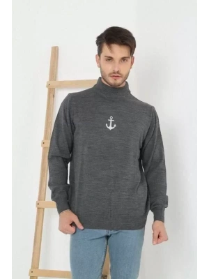 Unisex Yarım Boğazlı Baskılı Dokuma Triko  Füme